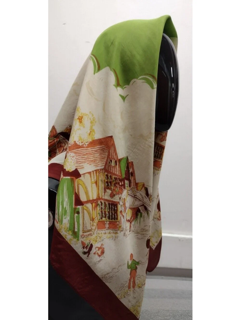 Vintage 1940s Western Old West Scarf Jadeite Rayon 1800s Carriage Farm Chickens